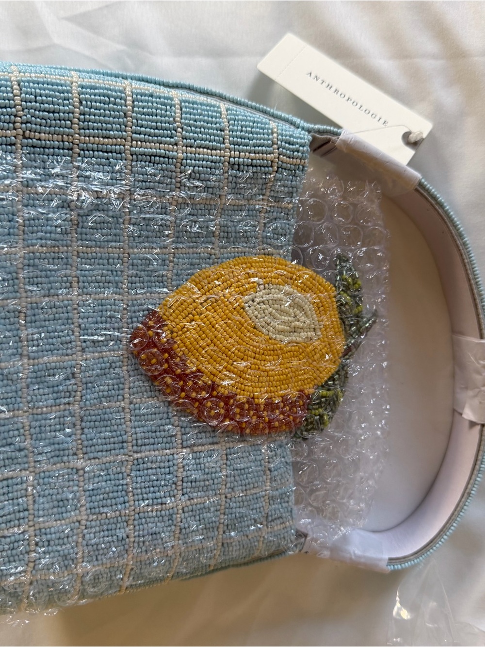 Anthropologie Beaded Blue Shoulder Bag with Lemon Accent and White patchwork - Picture 3 of 9